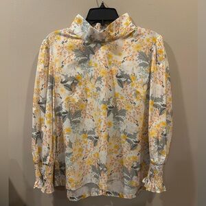 BURU Poplin Smocked Sleeve Mock Neck Top